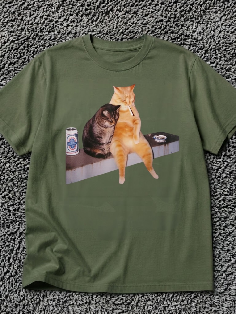 Gildan Olive Green Short Sleeve Tee with Two Cats Graphic